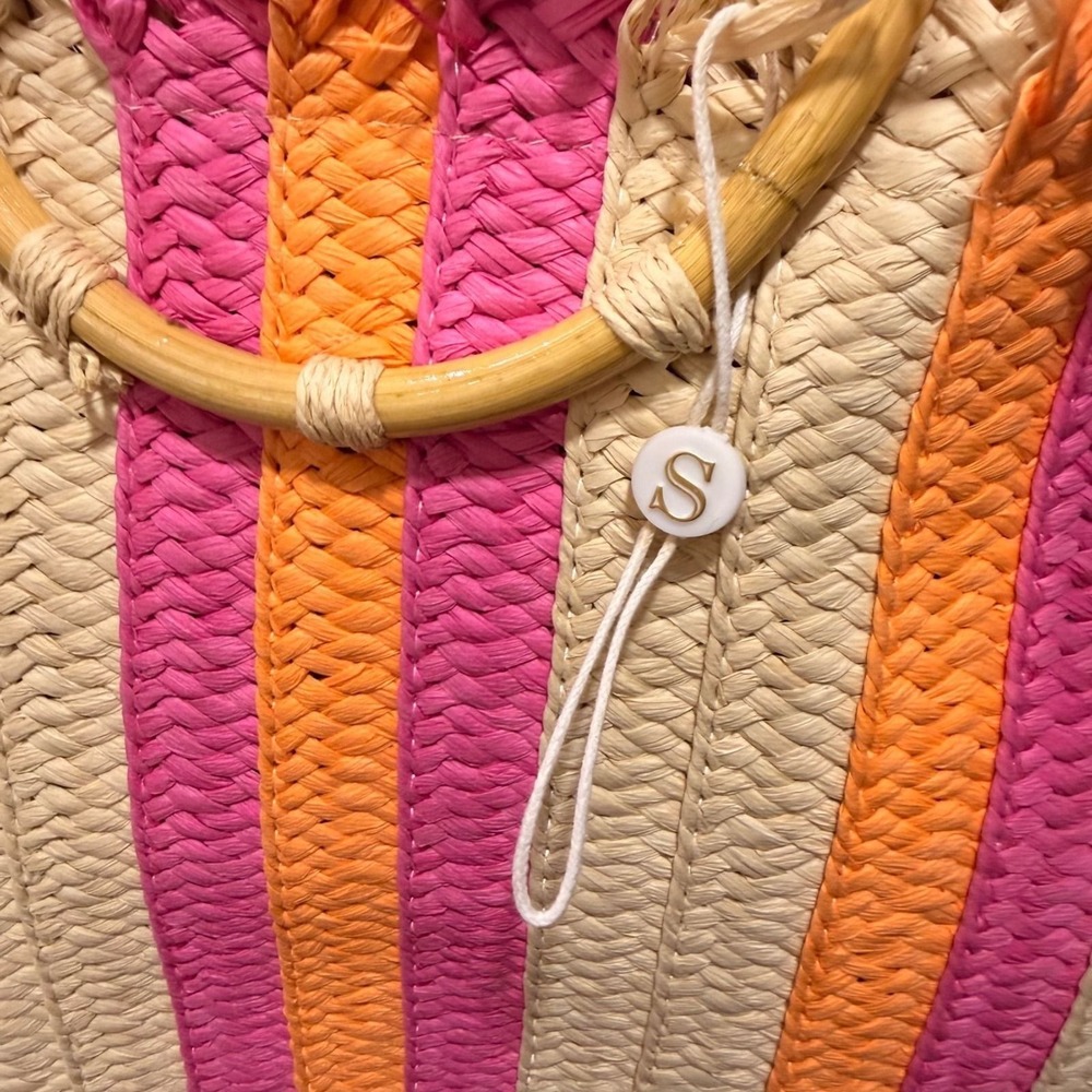 #123 Shiraleah Straw Tote Bag Pink Orange Striped Wooden Handle Fringed - Picture 11 of 11